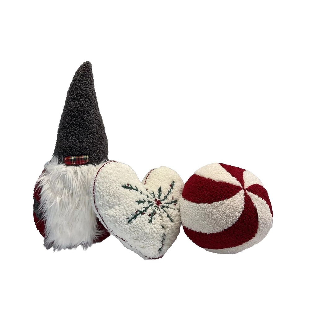 Lot Of 3 Pottery Barn Christmas Holiday GNOME Pillows , Peppermint, Heart